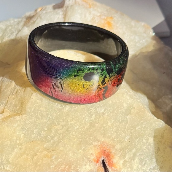 Vintage Wide Cuff Bracelet – Black Lucite with Rainbow Glitter & Floral Design - Picture 1 of 7